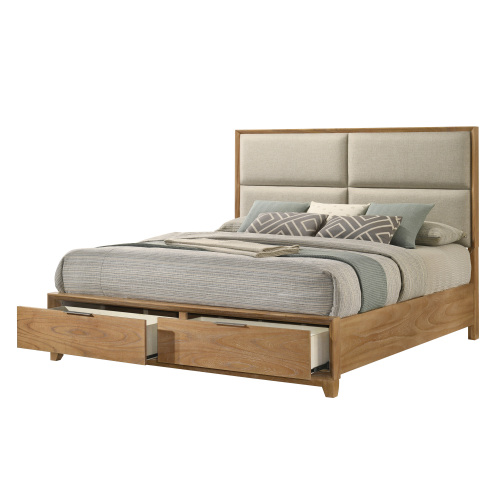 1pc Queen Storage Platform Bed Upholstered Ultra-plush Headboard Two Footboard Storage Drawers Solid Wood Natural Wood Finish Wooden Bedroom Furniture - Fabric,Wood - Contemporary - Not Specified - Fabric - Storage Included - Box Spring Not Required