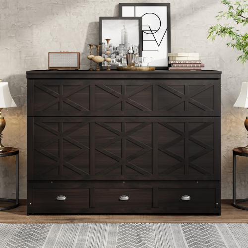 Queen Size Murphy Bed with Large Drawers and USB,Brushed Espresso - Plywood