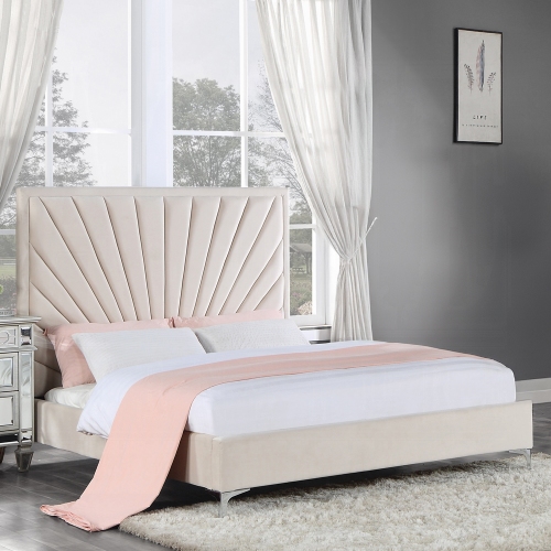 Modern Queen Size Platform Bed Beige Velvet Upholstered Headboard Channel Tufted Wooden Bedroom Furniture 1pc - Contemporary,Modern - Box Spring Not Required