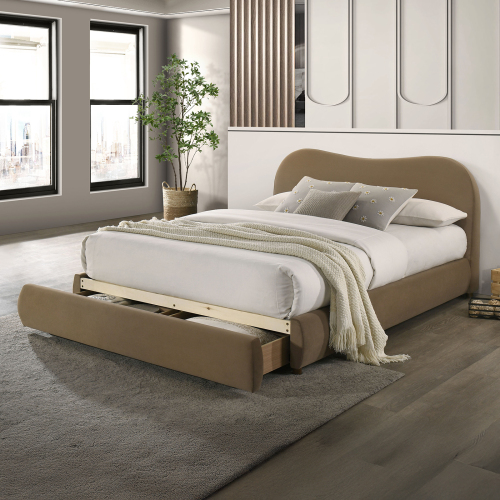 Beautiful 1pc King Size Bed Curved Design Velvet Brown Color Upholstered Headboard Storage FB Bedroom Furniture Bedframe - Boucle,Engineered Wood,Solid Wood,Velvet - Contemporary,Modern,Transitional - Bed Frame - Box Spring Required - Wood - Engineered Wood - Boucle - Not Specified
