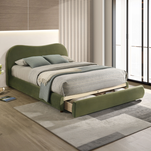 Olive Green Velvet Upholstered 1pc Eastern King Size Bed Curved Design Headboard Storage FB Bedroom Furniture Bedframe - Boucle,Engineered Wood,Solid Wood,Velvet - Contemporary,Modern,Transitional - Bed Frame - Box Spring Required - Wood - Engineered Wood - Boucle - Not Specified