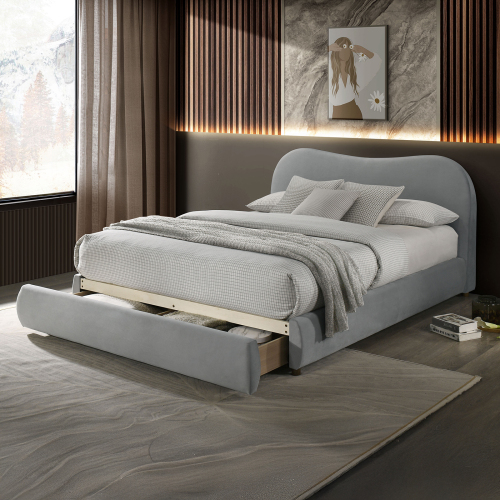 Light Gray Velvet Upholstered 1pc Queen Size Bed Curved Design Headboard Storage FB Bedroom Furniture Bedframe - Boucle,Engineered Wood,Solid Wood,Velvet - Contemporary,Modern,Transitional - Bed Frame - Box Spring Required - Wood - Engineered Wood - Boucle - Boucle