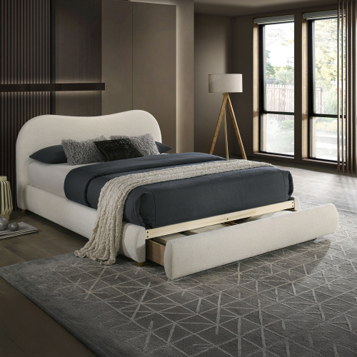 White Color Boucle Upholstered 1pc Queen Size Bed Curved Design Headboard Storage FB Bedroom Furniture Bedframe - Boucle,Engineered Wood,Solid Wood,Velvet - Contemporary,Modern,Transitional - Bed Frame - Box Spring Required - Wood - Engineered Wood