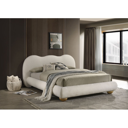 White And Natural Oak Color 1pc Queen Size Bed Boucle Upholstered Round Bun Wood Feet Bedroom Furniture - Boucle,Engineered Wood,Rubber Wood,Solid Wood,Velvet - Contemporary,Modern,Transitional - Bed Frame - Box Spring Required - Engineered Wood