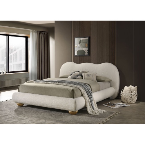 White And Natural Oak Color 1pc King Size Bed Boucle Upholstered Round Bun Wood Feet Bedroom Furniture - Boucle,Engineered Wood,Rubber Wood,Solid Wood,Velvet - Contemporary,Modern,Transitional - Bed Frame - Box Spring Required - Engineered Wood