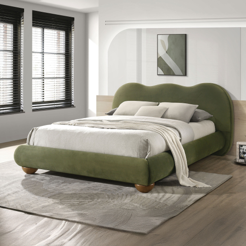 Olive Green Color 1pc Queen Size Bed Boucle Upholstered Round Bun Wood Feet Bedroom Furniture - Boucle,Engineered Wood,Rubber Wood,Solid Wood,Velvet - Contemporary,Modern,Transitional - Bed Frame - Box Spring Required - Engineered Wood - Velvet
