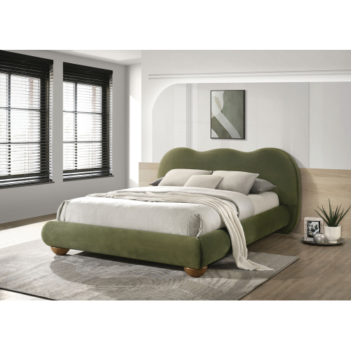 Olive Green Color 1pc Eastern King Size Bed Boucle Upholstered Round Bun Wood Feet Bedroom Furniture - Boucle,Engineered Wood,Rubber Wood,Solid Wood,Velvet - Contemporary,Modern,Transitional - Bed Frame - Box Spring Required - Engineered Wood - Velvet