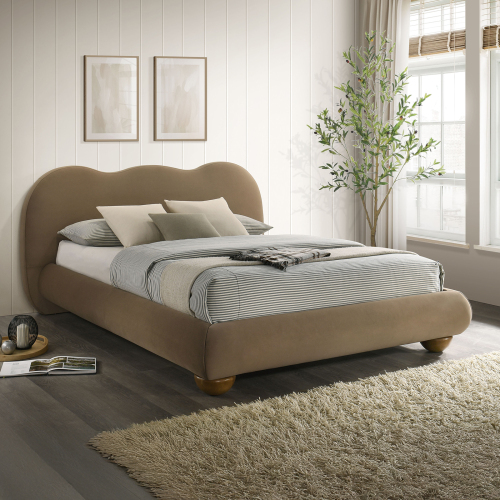 Brown Color 1pc Queen Size Bed Boucle Upholstered Round Bun Wood Feet Bedroom Furniture - Boucle,Engineered Wood,Rubber Wood,Solid Wood,Velvet - Contemporary,Modern,Transitional - Bed Frame - Box Spring Required - Engineered Wood - Velvet