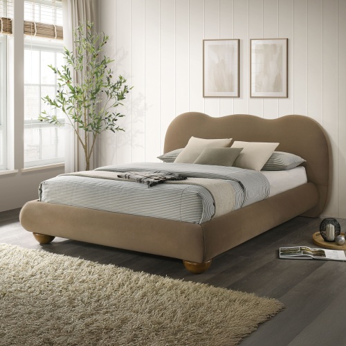 Brown Color 1pc Eastern King Size Bed Boucle Upholstered Round Bun Wood Feet Bedroom Furniture - Boucle,Engineered Wood,Rubber Wood,Solid Wood,Velvet - Contemporary,Modern,Transitional - Bed Frame - Box Spring Required - Engineered Wood - Velvet