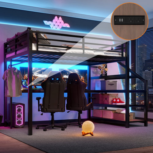 Full Loft Bed with Desk and Storage Stairs, Metal Loft Beds with LED Lights, USB Ports, Multifunctional Iron Nets, No Spring Box Needed and Noise-free, Black - MDF+Metal