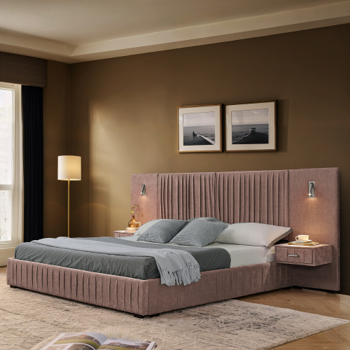Queen Size Upholstered Bed Frame with Chenille fabric with pleated design,Grounded Queen Size Platform Bed with Headboard and Solid Frame and the bedside table.No Box Spring Needed-Pink - Foam - Foam