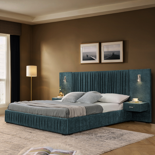 Queen Size Upholstered Bed Frame with Chenille fabric with pleated design,Grounded Queen Size Platform Bed with Headboard and Solid Frame and the bedside table.No Box Spring Needed-Blue-Green - Foam - Foam