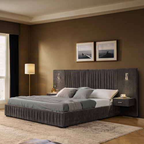 Queen Size Upholstered Bed Frame with Chenille fabric with pleated design,Grounded Queen Size Platform Bed with Headboard and Solid Frame and the bedside table.No Box Spring Needed-DARK GREY - Foam - Foam