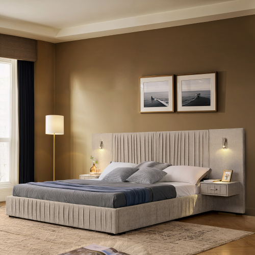 Queen Size Upholstered Bed Frame with Chenille fabric with pleated design,Grounded Queen Size Platform Bed with Headboard and Solid Frame and the bedside table.No Box Spring Needed-Beige - Foam - Not Specified