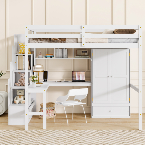 Full Size Loft Wood Bed with Desk, Book shelves and Wardrobe with Doors and Drawer, Built-in Staircase with Storage Shelves, Loft Bed with Safety Guardrails and Solid Slats,White - Pine - Pine