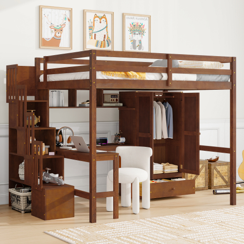 Full Size Loft Wood Bed with Desk, Book shelves and Wardrobe with Doors and Drawer, Built-in Staircase with Storage Shelves, Loft Bed with Safety Guardrails and Solid Slats,Walnut - Pine - Pine