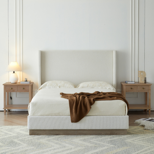 Hosford Upholstered Wingback Bed / Upholstered Wood Base Platform Bed / 52.5" High Headboard / Minimalist / Rusticity / No Box Spring Needed  / California King / Cream White Boucle / No Noise - Cream White,Light Grey+Camel Oak - Fabric+Metal - Foam - Classic,Contemporary,Minimalist,Rustic - Bedroom - Bed Frame - Box Spring Not Required - Gray - Metal