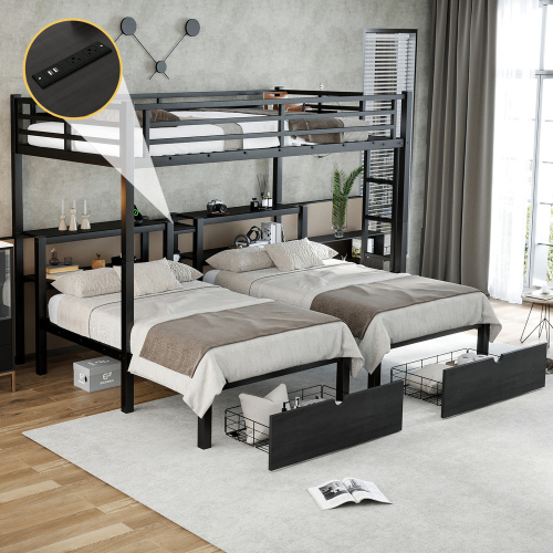 Full XL Over Twin & Twin Triple Bunk Bed with Drawers, Multi-functional Metal Frame Bed, Bed Head with Shelving & USB, Black