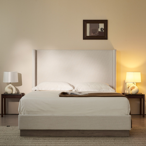 Hosford Upholstered Wingback Bed / Upholstered Wood Base Platform Bed / 52.5" High Headboard / Minimalist / Rusticity / No Box Spring Needed  / King / Textured Ivory Canvas  / No Noise - Ivory,Light Blue+Camel Oak - Fabric+Metal - Foam - Classic,Contemporary,Minimalist,Rustic - Bedroom - Bed Frame - Box Spring Not Required - Gray - Metal