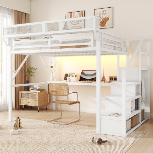 Queen Loft Bed with Desk and Charging Station, Queen Size Metal Loft Bed with Stairs and Light for Kids Teens,White(Expect Arrival Date 2026/3/7)