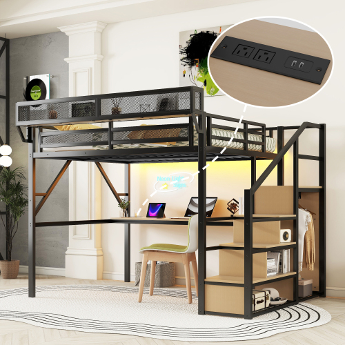 Queen Loft Bed with Desk and Charging Station, Queen Size Metal Loft Bed with Stairs and Light for Kids Teens, Black, Patent Products(OldSKU W2580S00044) - Black - Metal - Queen - Metal - Queen