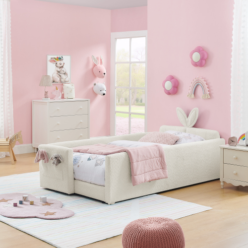 Twin Size Upholstered Platform Bed with Cute Rabbit Ear Shaped Headboard, with Safety Rail and Pocket, Boucle Fabric, Beige - Bedroom - Bed Frame - Box Spring Not Required - Not Specified