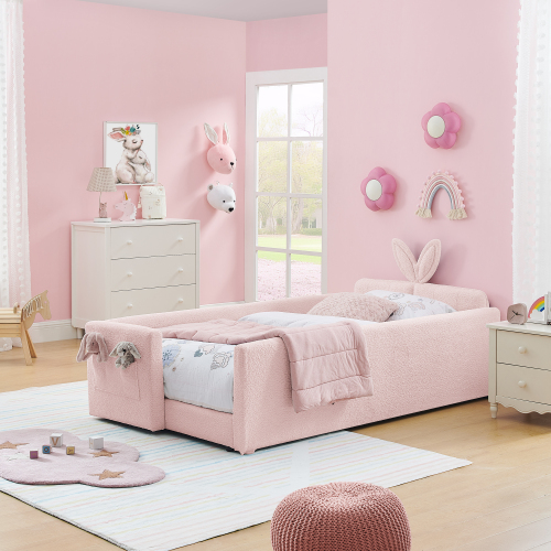 Twin Size Upholstered Platform Bed with Cute Rabbit Ear Shaped Headboard, with Safety Rail and Pocket, Boucle Fabric, Pink - Bedroom - Bed Frame - Box Spring Not Required