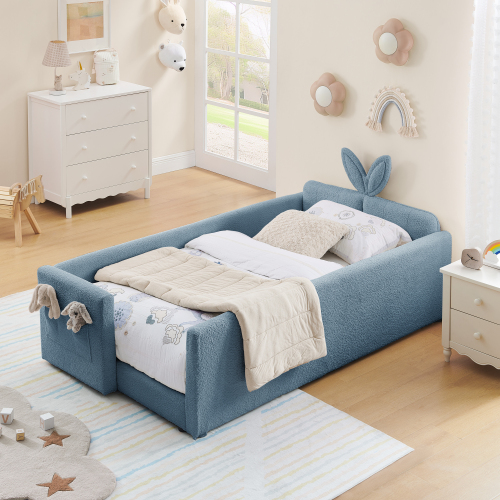 Twin Size Upholstered Platform Bed with Cute Rabbit Ear Shaped Headboard, with Safety Rail and Pocket, Boucle Fabric - Sky Blue - Bedroom - Bed Frame - Box Spring Not Required - Sky Blue