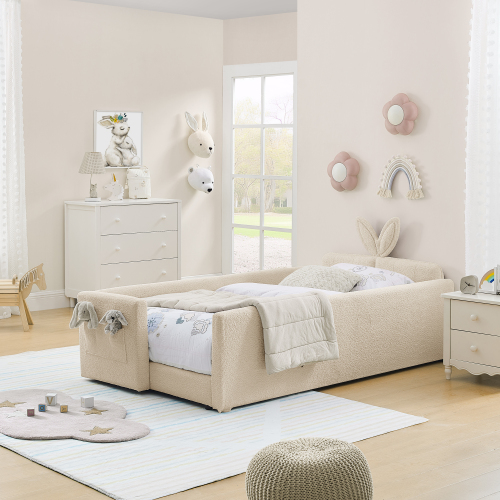 Twin Size Upholstered Platform Bed with Cute Rabbit Ear Shaped Headboard, with Safety Rail and Pocket, Boucle Fabric - Camel - Bedroom - Bed Frame - Box Spring Not Required - Camel - Not Specified