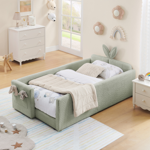 Twin Size Upholstered Platform Bed with Cute Rabbit Ear Shaped Headboard, with Safety Rail and Pocket, Boucle Fabric - Cyan - Bedroom - Bed Frame - Box Spring Not Required - Cyan - Not Specified