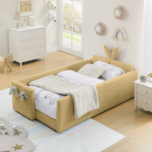 Twin Size Upholstered Platform Bed with Cute Rabbit Ear Shaped Headboard, with Safety Rail and Pocket, Boucle Fabric - Yellow - Bedroom - Bed Frame - Box Spring Not Required - Yellow - Not Specified