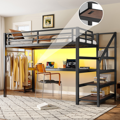 Twin XL Loft Bed with Desk and Storage Stairs, Metal Loft Beds with LED Lights, USB Ports, Multifunctional Iron Nets, No Spring Box Needed and Noise-free, Black - MDF+Metal