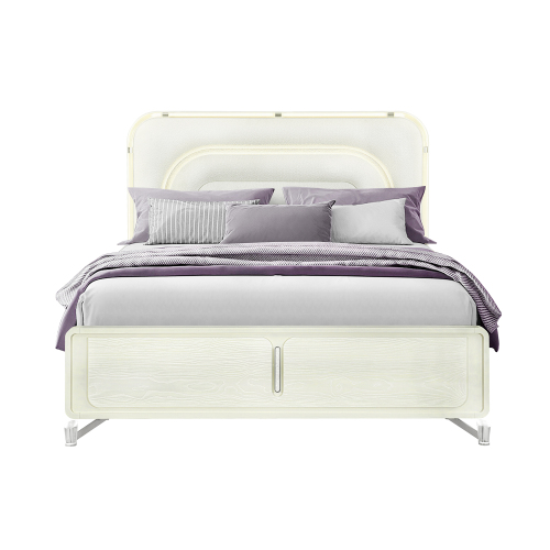 Nora Beige King Bed With LED - Solid Wood+MDF - Solid Wood+MDF - Modern - Bedroom - Rubberwood - Not Specified - Not Specified - Panel - Box Spring Required - Polyester - Not Specified - Not Specified - Not Specified - Not Specified - Not Specified - Not Specified