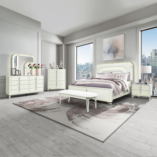 Nora Beige 5PC King Bedroom Set With LED - Solid Wood+MDF - Solid Wood+MDF - Modern - Rubberwood - Not Specified - Not Specified - Not Specified - Box Spring Required - Polyester - Not Specified - Not Specified - Not Specified - Bed Included,Chest Included,Dresser Included,Mirror Included,Nightstand Included - 5 Piece Set - Built-in Lighting