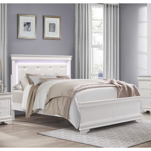 Glam White Finish 1pc Queen Size Bed Upholstered LED Headboard Button-Tufted Alligator Texture Panels Traditional Design Bedroom Furniture - Wood - Full - Box Spring Required - Faux Leather - Wood - Wood
