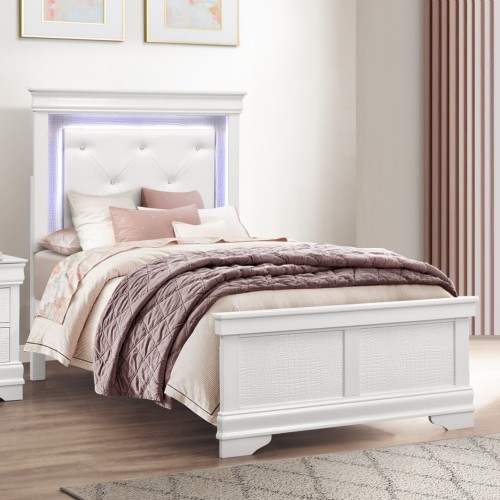 Glam White Finish 1pc Twin Size Bed Upholstered LED Headboard Button-Tufted Alligator Texture Panels Traditional Design Bedroom Furniture - Wood - Box Spring Required - Faux Leather - Wood - Wood
