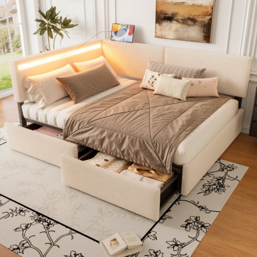Twin Size Boucle Bed Frame, Upholstered Cloud Bed Frame with Headboard, with 2 Storage Drawers, LED light and USB Charging Design, Solid Wood Legs and Slats, No Box Spring Needed, Beige - Fleece - Headbord Left