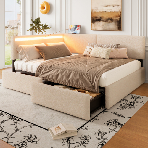 Full Size Boucle Bed Frame, Upholstered Cloud Bed Frame with Headboard, with 2 Storage Drawers , LED light and USB Charging Design, Solid Wood Legs and Slats, No Box Spring Needed, Beige - Fleece - Headbord Left