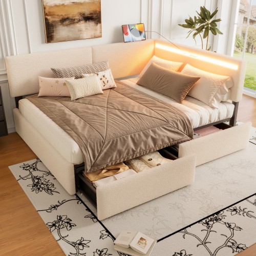 Full Size Upholstered Cloud Bed Frame with Headboard, with 2 Storage Drawers , LED light and USB Charging Design, Solid Wood Legs and Slats, No Box Spring Needed, Beige, Headbord is on right side - Fleece - Headbord Right
