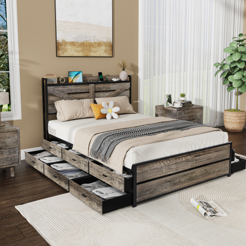 Queen Bed Frame with Storage Headboard and 12 Drawers , Metal Platform Non-Slip Without Noise Mattress Foundation Strong Metal Slats Support,No Box Spring Needed - Oak - Metal & Wood - Bedroom - Box Spring Not Required - Oak - Metal & Wood - Bedroom
