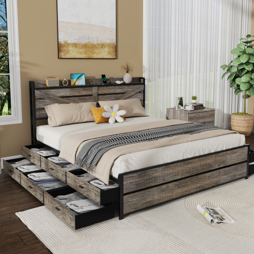 King bed frame, with storage headboard and 12 drawers, metal platform anti-skid and noiseless mattress foundation, solid metal Flat noodles support, no box spring required - Oak - Metal & Wood - Bedroom - Box Spring Not Required - Oak - Not Specified - Metal & Wood - Bedroom