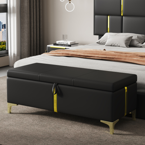 Elegant Upholstered Storage Ottoman,Storage Bench with Metal Legs for Bedroom,Living Room,Fully Assembled Except Legs,Black - PU - PU - Not Specified