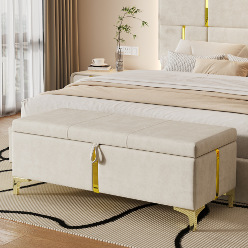 Elegant Upholstered Storage Ottoman,Storage Bench with Metal Legs for Bedroom,Living Room,Fully Assembled Except Legs,Beige - Velvet - Not Specified - Not Specified