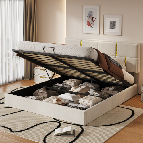 Queen Size Upholstered Platform Bed with Hydraulic Storage System,No Box Spring Needed,Beige(Old SKU: N733P207778A) - Velvet - Not Specified - Not Specified