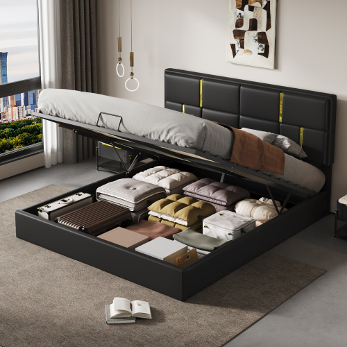 Queen Size Upholstered Platform Bed with Hydraulic Storage System,No Box Spring Needed,Black(Old SKU:N733P207778B) - PU - PU - Not Specified