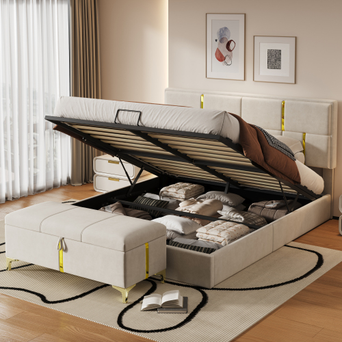 2-Pieces Bedroom Sets,Queen Size Upholstered Platform Bed with Hydraulic Storage System,Storage Ottoman with Metal Legs,Beige(Old SKU:N733S207778A) - Velvet - Not Specified - 2 Piece Set
