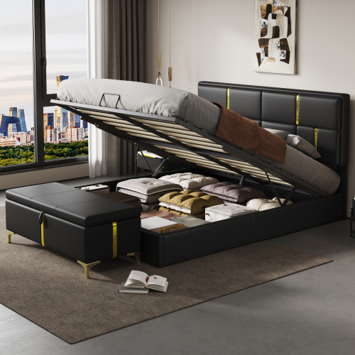 2-Pieces Bedroom Sets,Queen Size Upholstered Platform Bed with Hydraulic Storage System,Storage Ottoman with Metal Legs,Black(Old SKU:N733S207778B) - PU - PU - 2 Piece Set