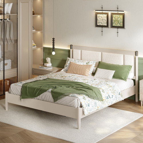 Solid Wood King Bed, Heavy Duty 600 lbs Support, No Box Spring Needed, Grey Upholstered Headboard with Metal Handles - Grey,LIGHT GREY - Acacia Wood,Solid Wood+MDF - LIGHT GREY
