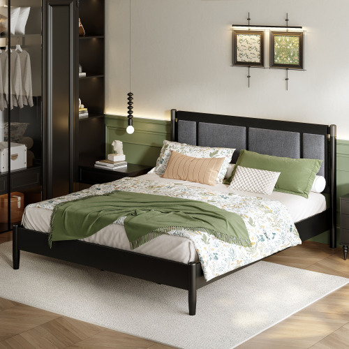 Solid Wood King Bed, Heavy Duty 600 lbs Support, No Box Spring Needed, Black Upholstered Headboard with Metal Handles - Black,DARK GREY - Acacia Wood,Solid Wood+MDF - DARK GREY - Acacia Wood