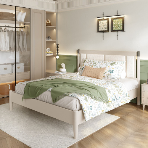 Solid Wood Queen Bed, Heavy Duty 500 lbs Support, No Box Spring Needed, grey Upholstered Headboard with Metal Handles - Grey,LIGHT GREY - Acacia Wood,Solid Wood+MDF - LIGHT GREY